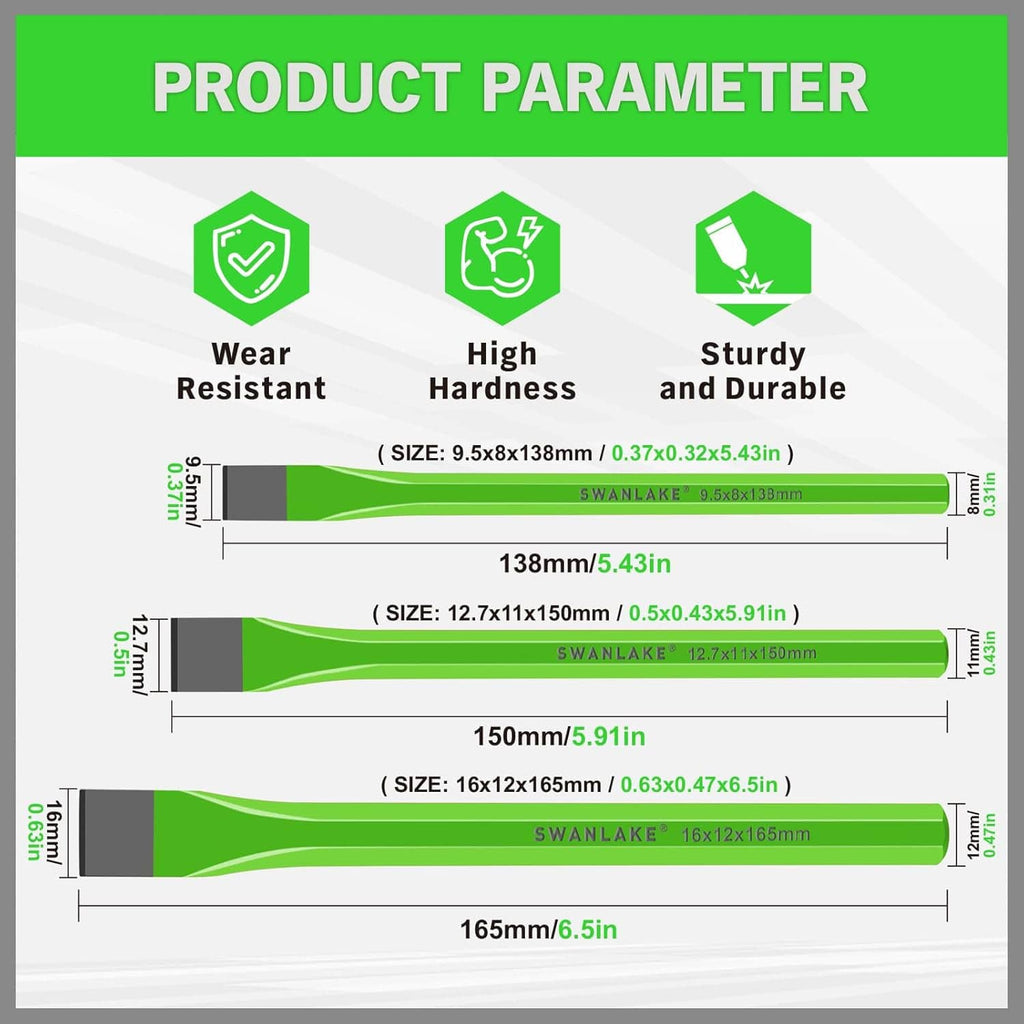 Green cold chisel set size chart graphic with three length measurements