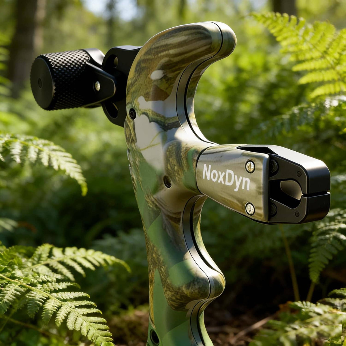 Archery bow thumb release side view with black textured trigger knob, green-and-wood camo