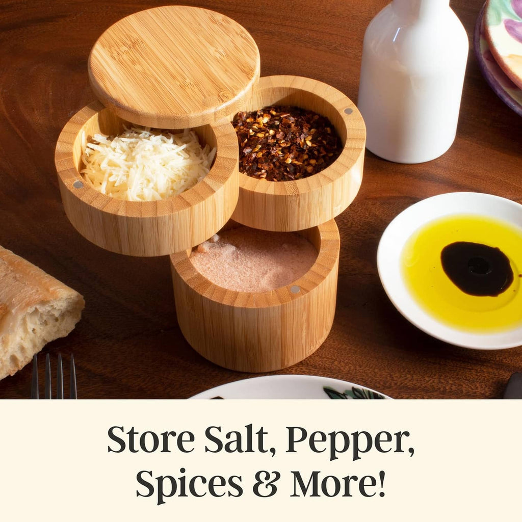 Bamboo three-tier seasoning holder with three round spice compartments