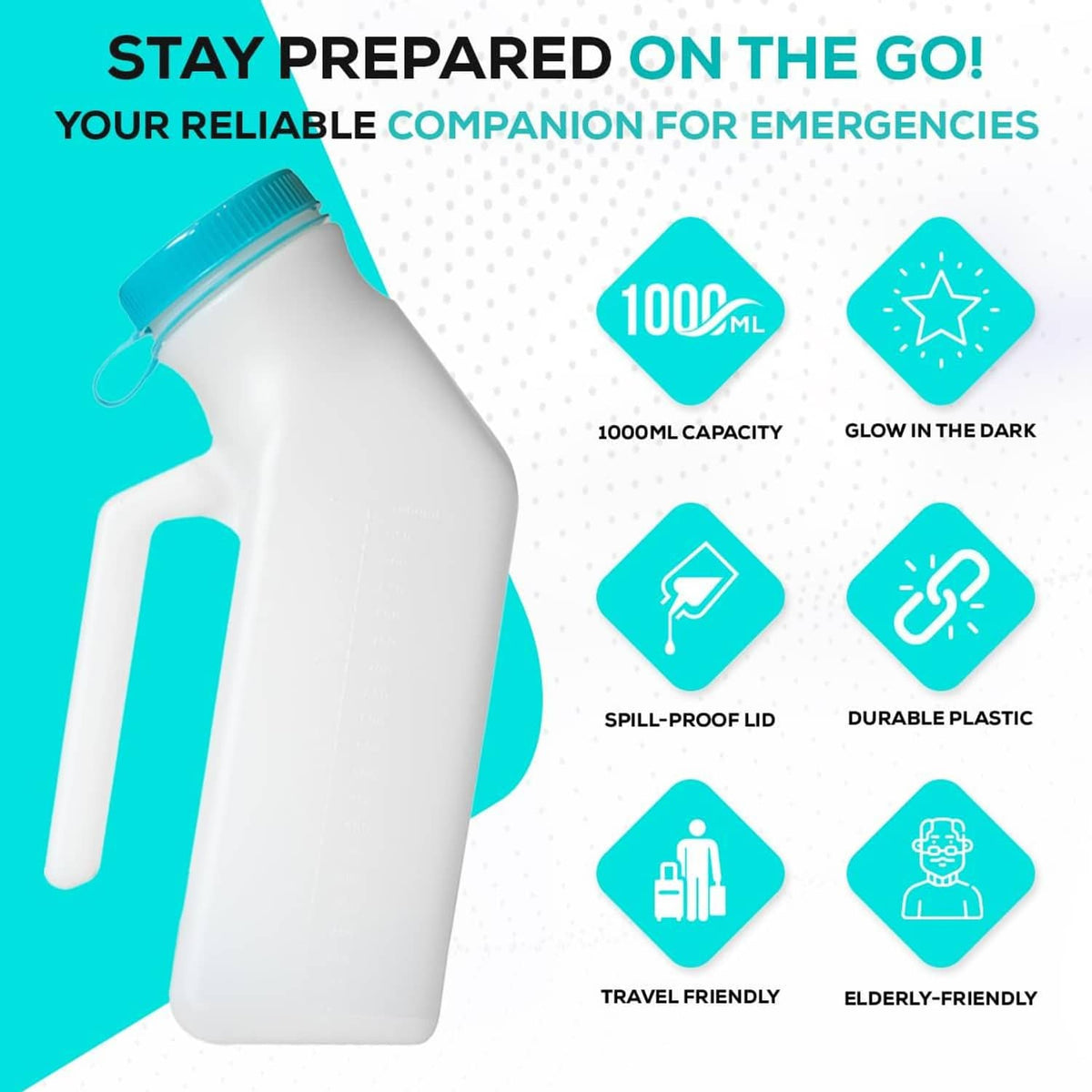 Men's portable urinal bottle with teal cap, 1000 ml capacity, travel-friendly design