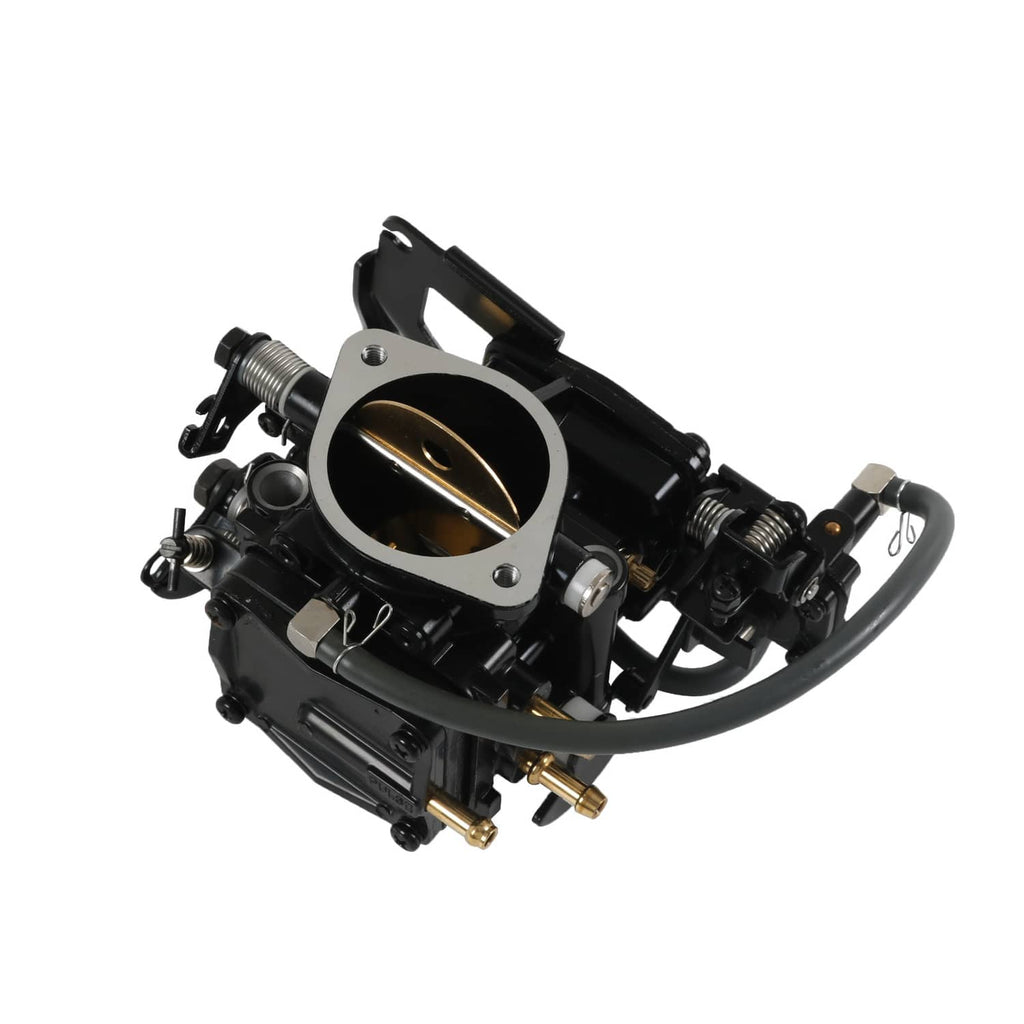 Black carburetor assembly with round throttle body, springs, and fuel line