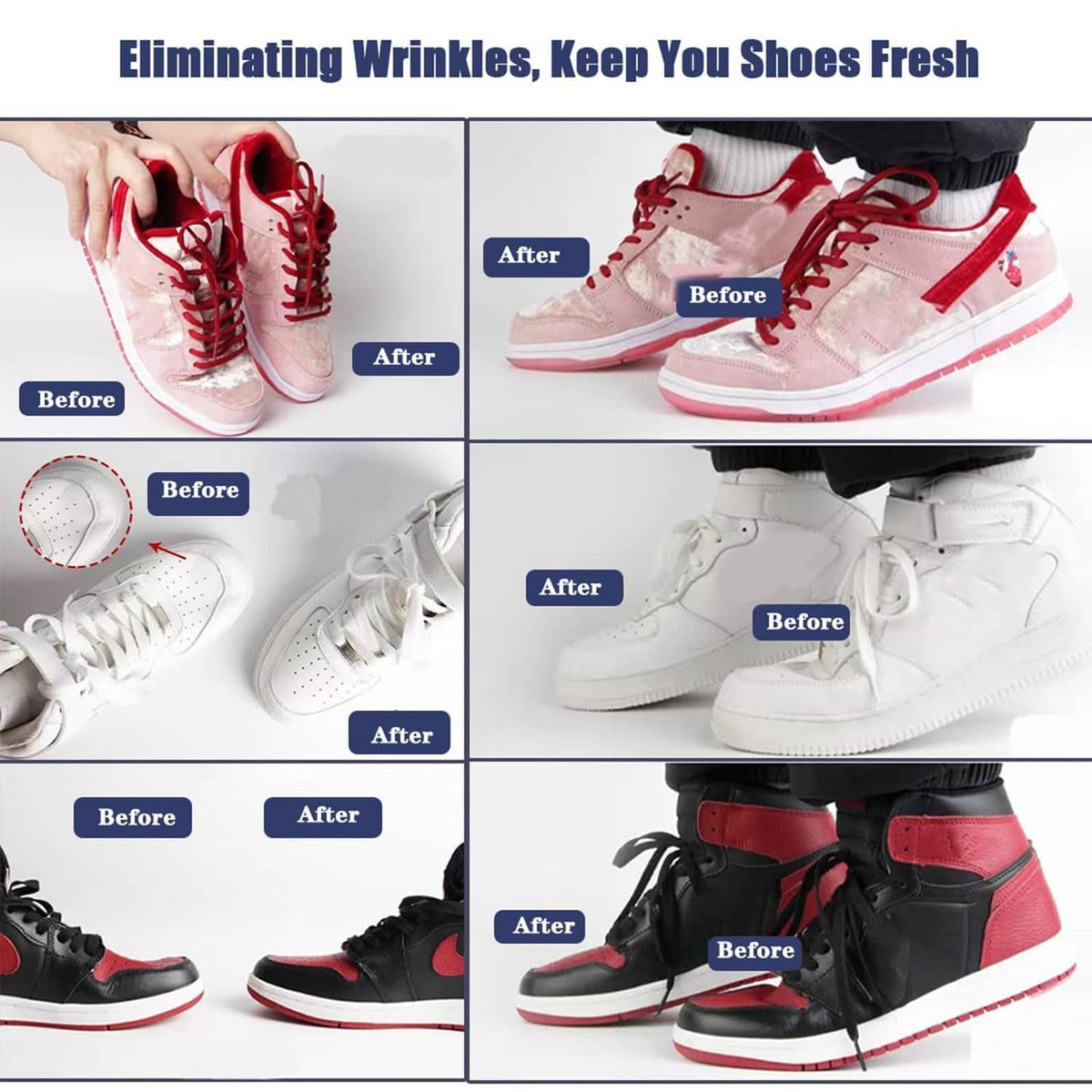 White perforated toe protector pads fitted to sneakers in before-and-after views