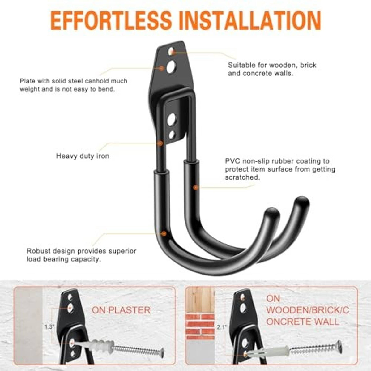 Black J-hook with U-shaped arms and PVC non-slip rubber coating