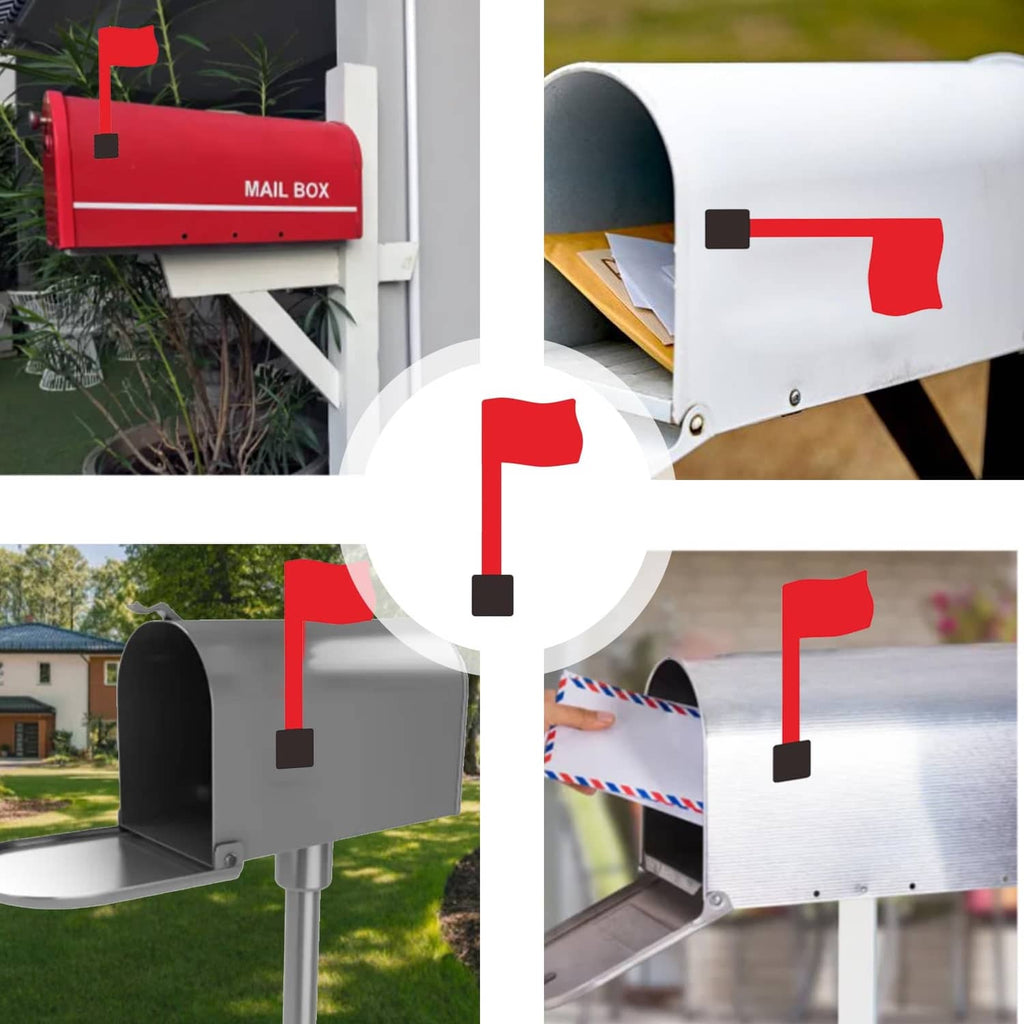 Red mailbox flag mounted on gray mailbox door with black base