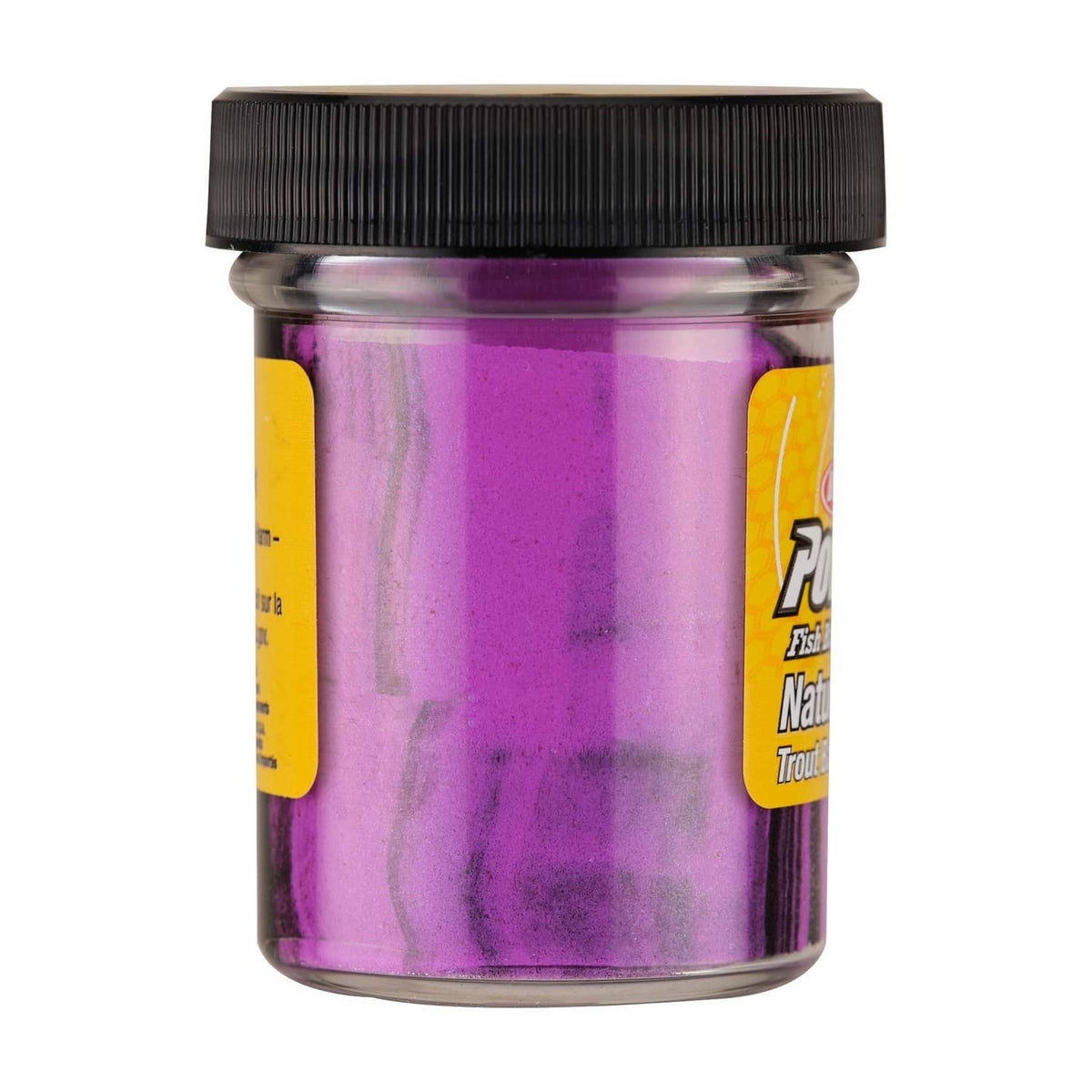 Fishing bait jar with black ribbed lid, purple bait in clear jar