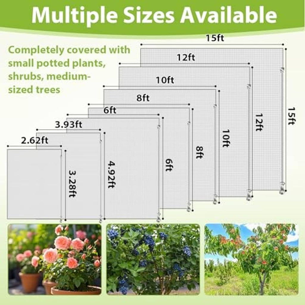 Fruit tree netting size chart with drawstring and zipper options, 6x6 ft coverage