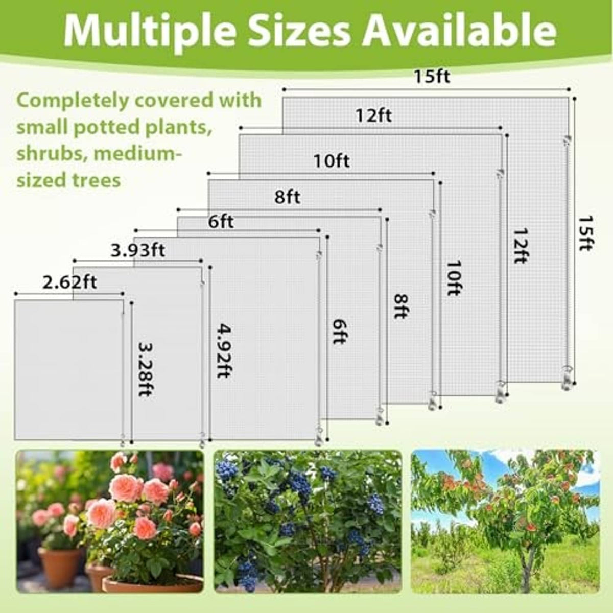 Fruit tree netting size chart with drawstring and zipper options, 6x6 ft coverage