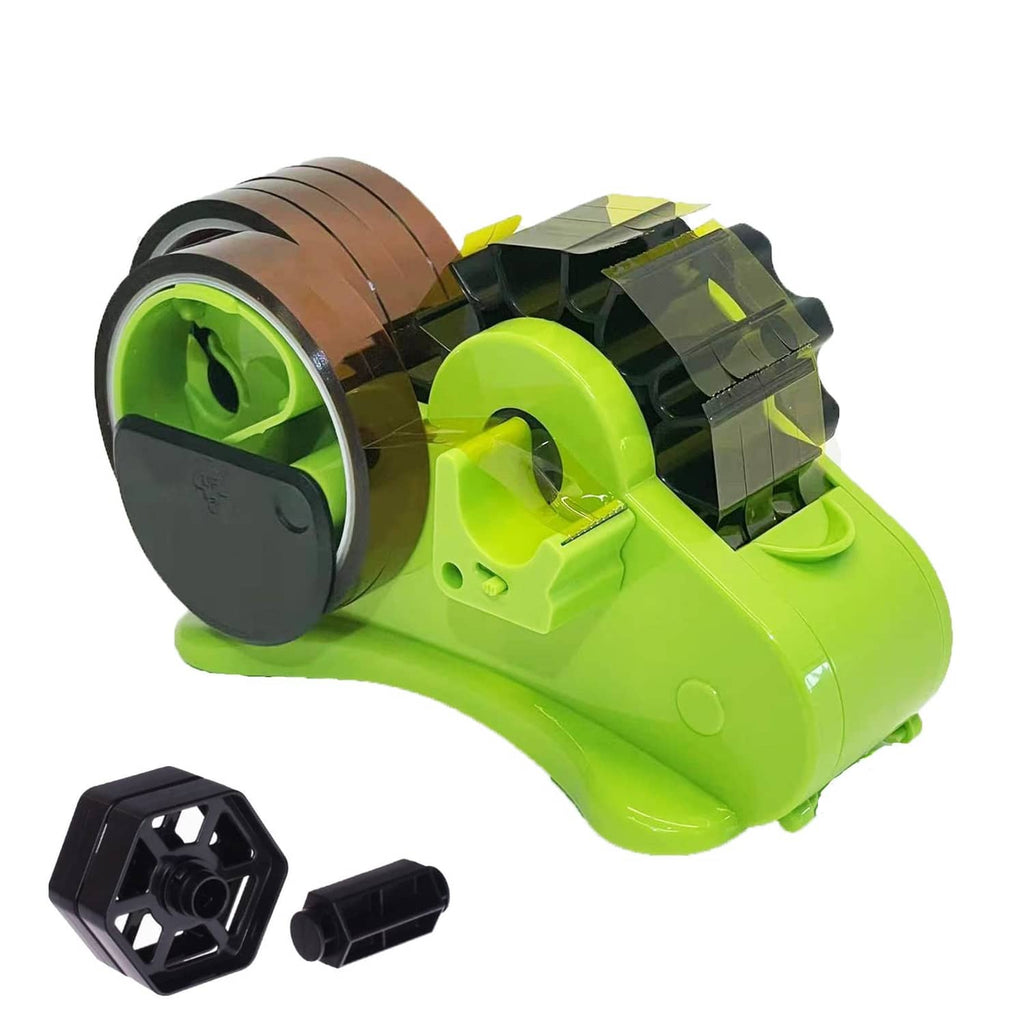 Neon green double-roll heat tape dispenser with brown and black tape reels on side