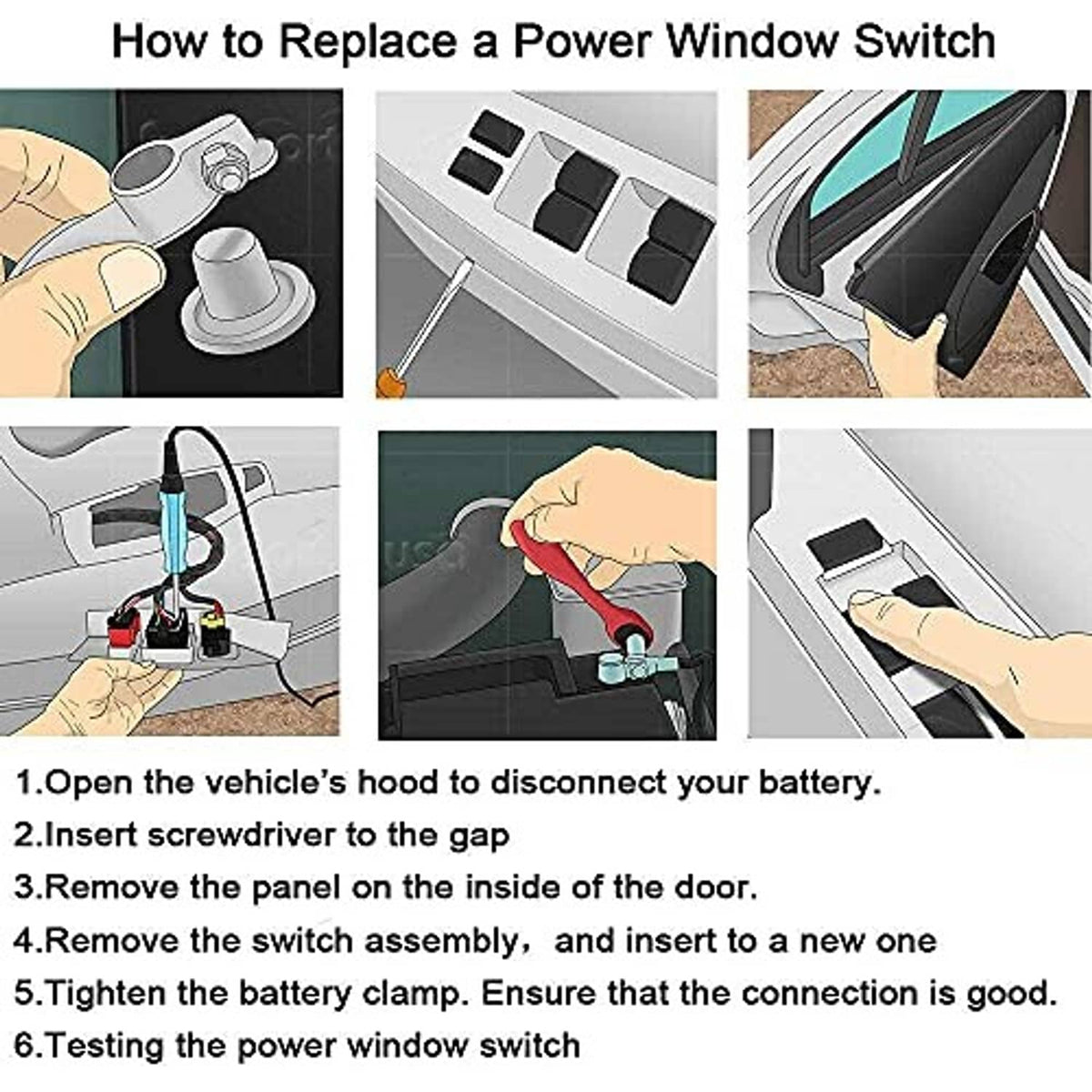 Power window switch replacement instruction panel showing steps for removing switch
