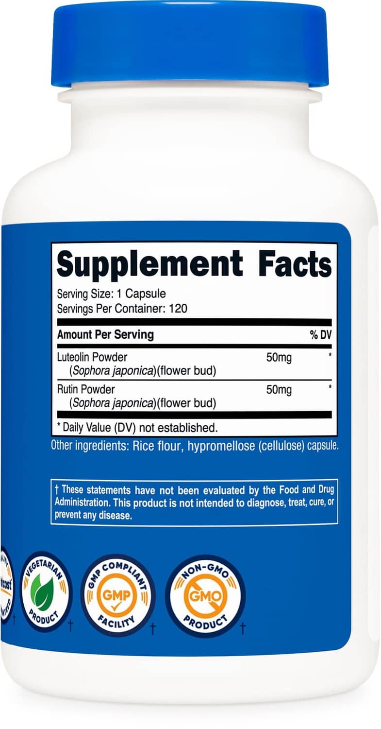 Supplement bottle with blue cap and Supplement Facts panel