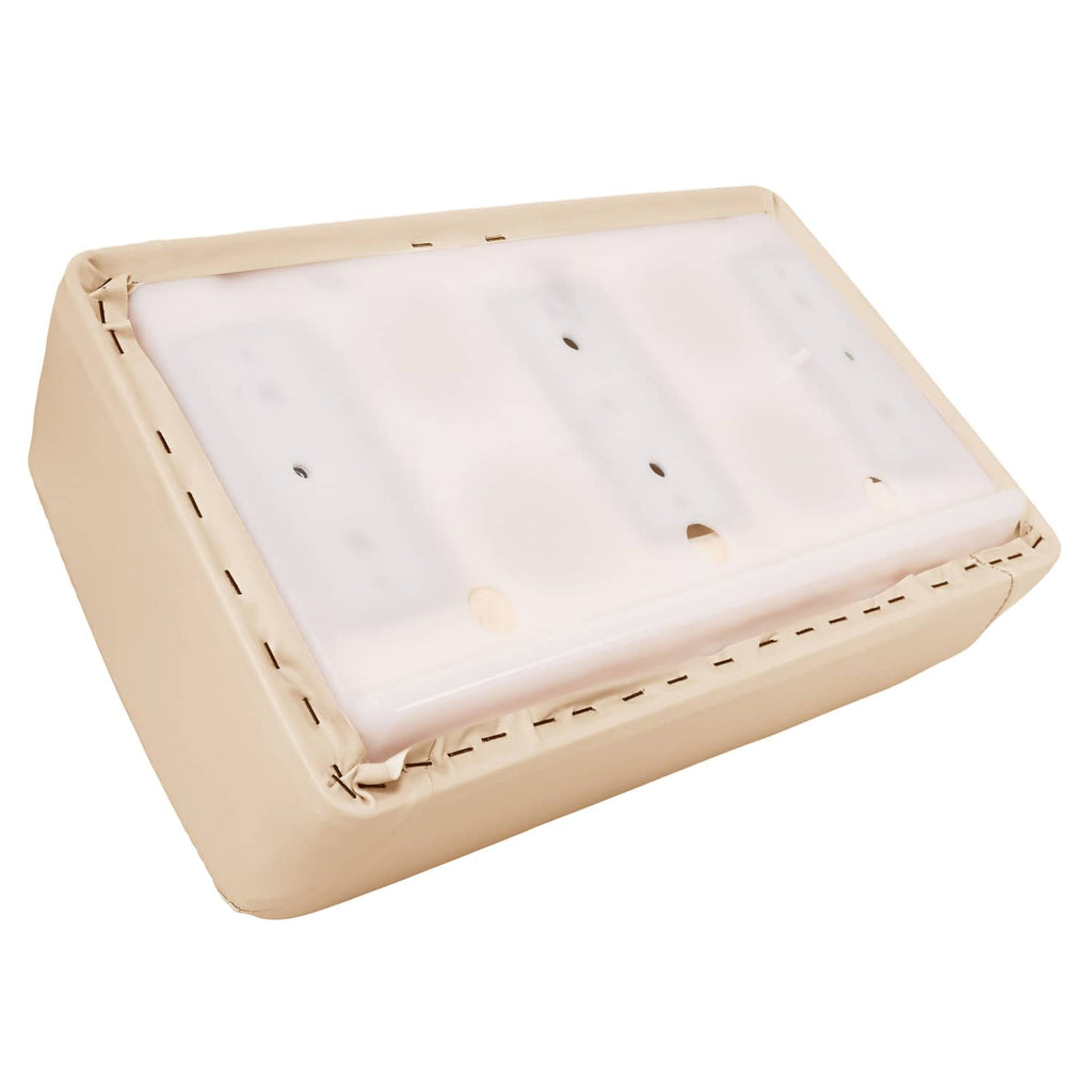 Beige seat backrest cushion assembly with padded top and stitched side edges