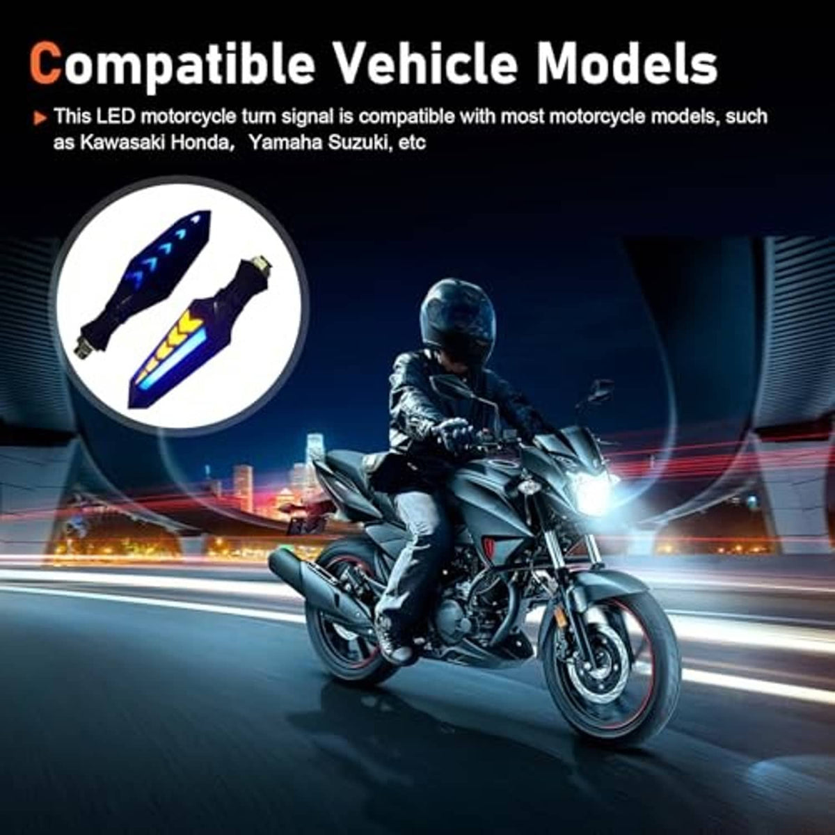 LED motorcycle turn indicators with blue arrow running lights and amber arrow accents