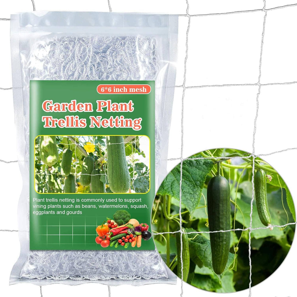 Garden climbing trellis netting roll with white square mesh, shown with garden produce.