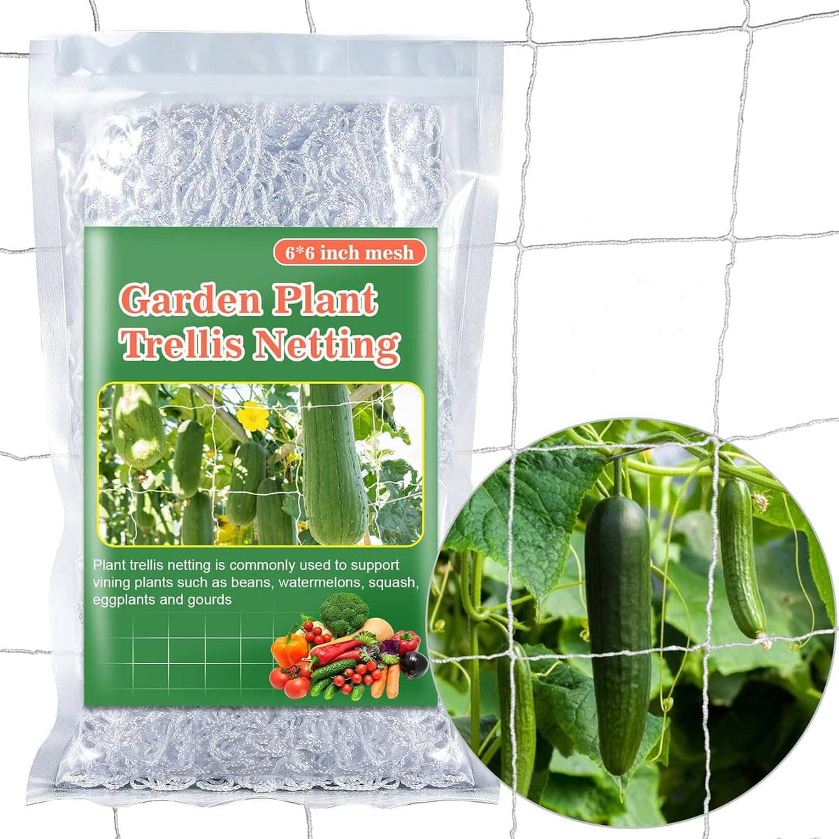 Garden climbing trellis netting roll with white square mesh, shown with garden produce.