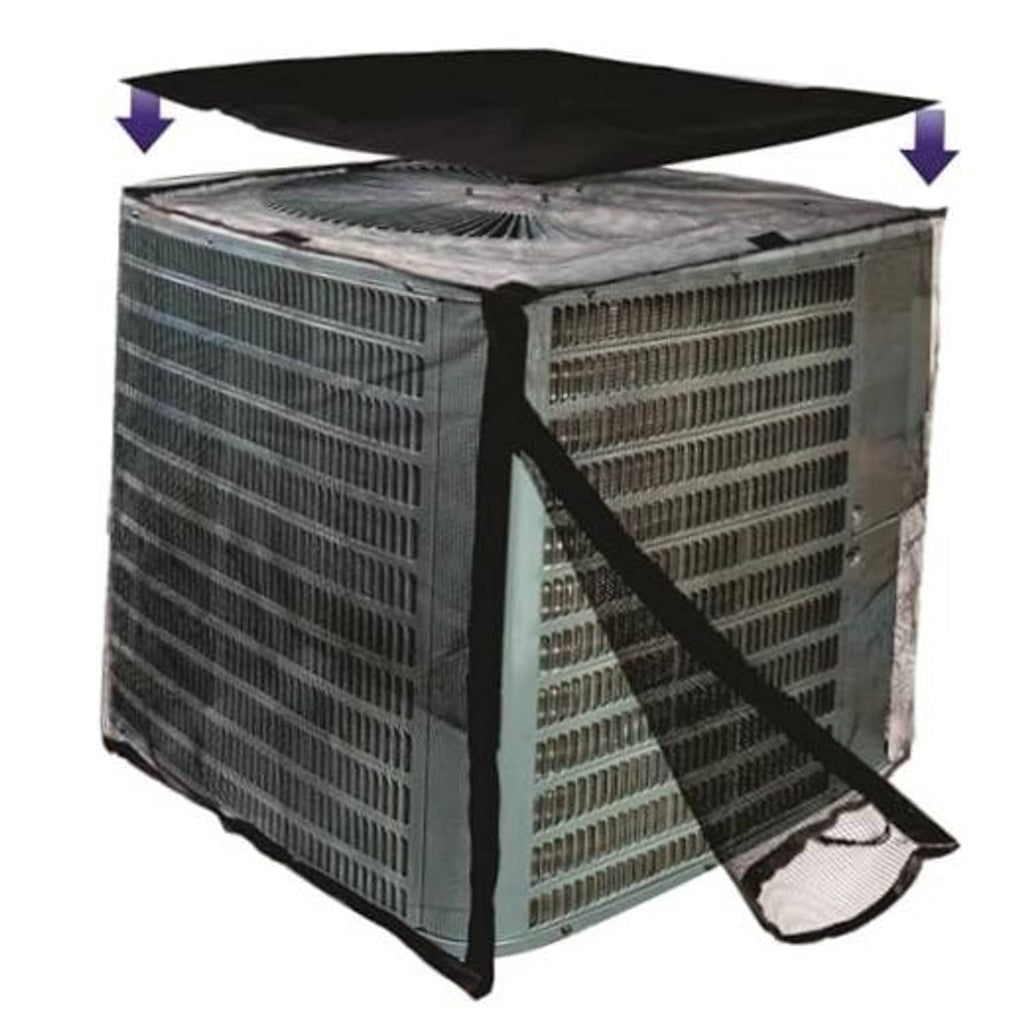 Square outdoor AC cover with black top and mesh sides, fitted over condenser