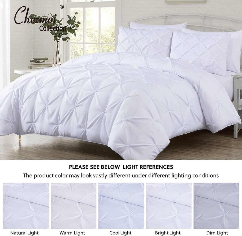 White king comforter set featuring quilted diamond pinch pleat design and two pillow shams