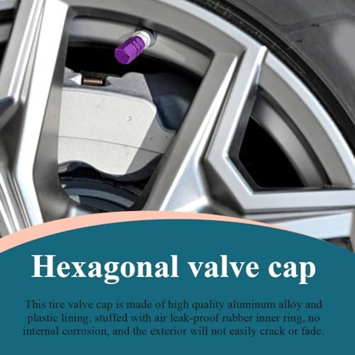 Purple hexagonal tire valve cap installed on silver wheel rim