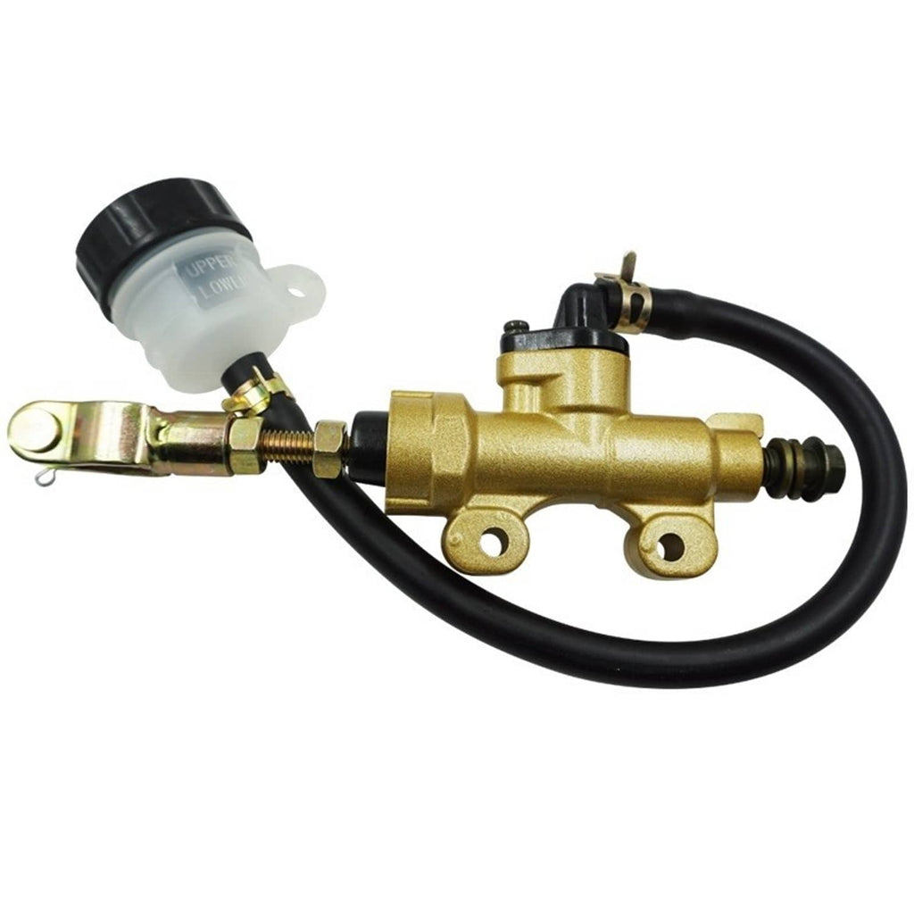 Brake master cylinder pump assembly with gold metal housing and black hydraulic line