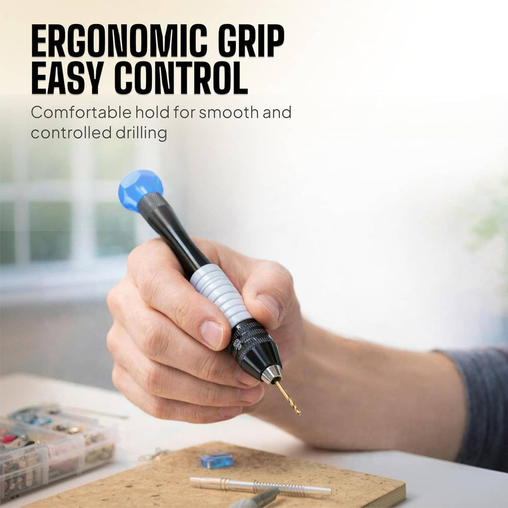 Ergonomic grip pin vise held in hand with micro drill bit, blue cap and black body