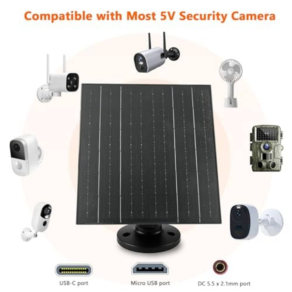 Black solar panel with ports for USB-C, Micro USB, and DC 5.5x2.1mm output