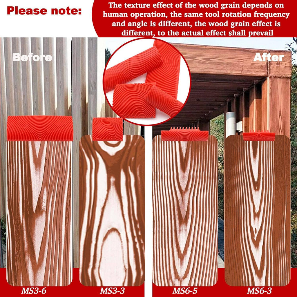 Red rubber wood-grain tool set creating faux wood strip patterns on panels