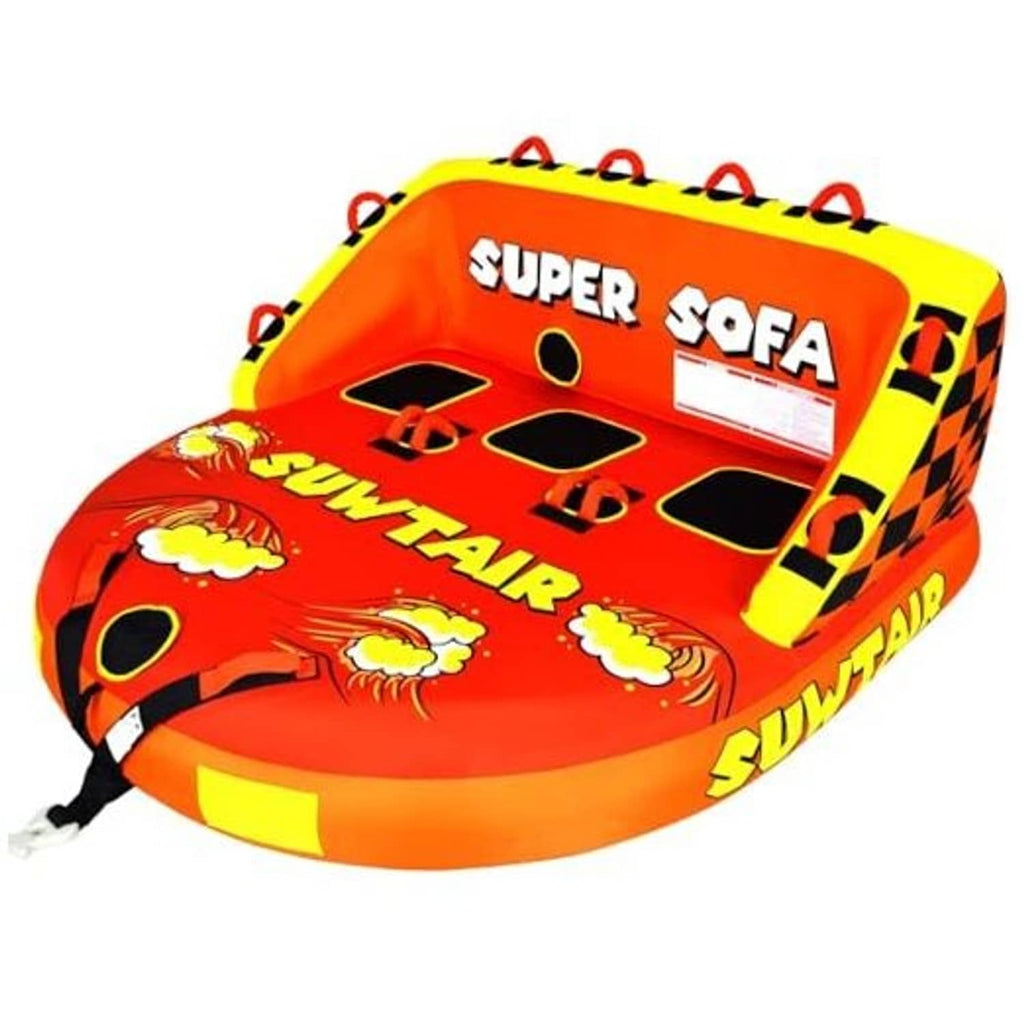 Inflatable towable pull tube, orange and yellow Super Sofa with four seat handles.
