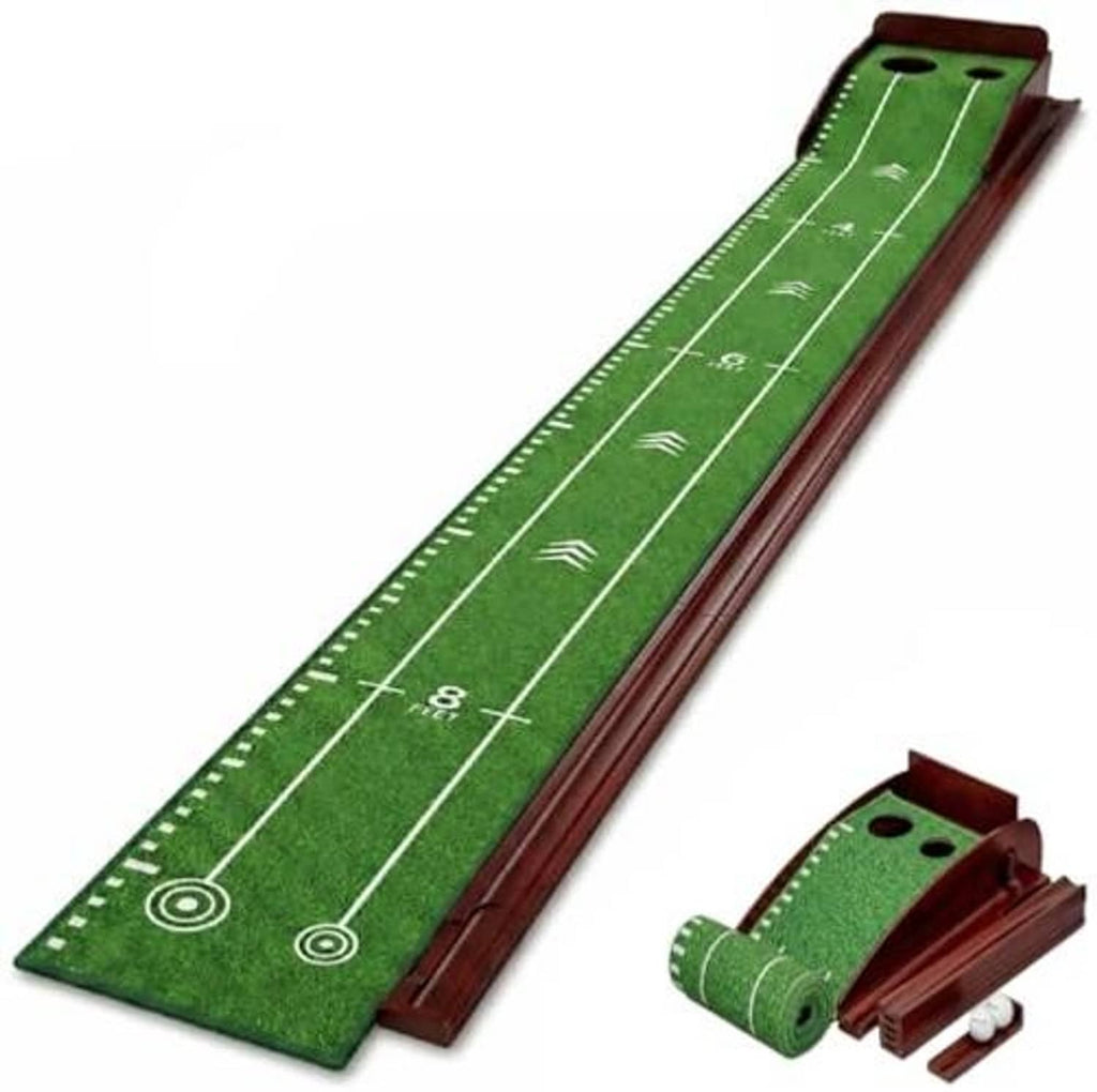 Indoor putting green mat with white alignment lines, two target circles, and ball return