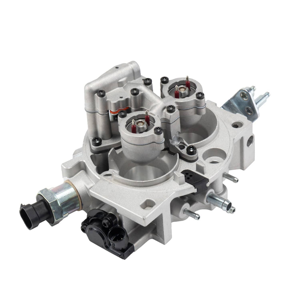 Throttle body assembly with silver metal body, ports, and electrical connectors
