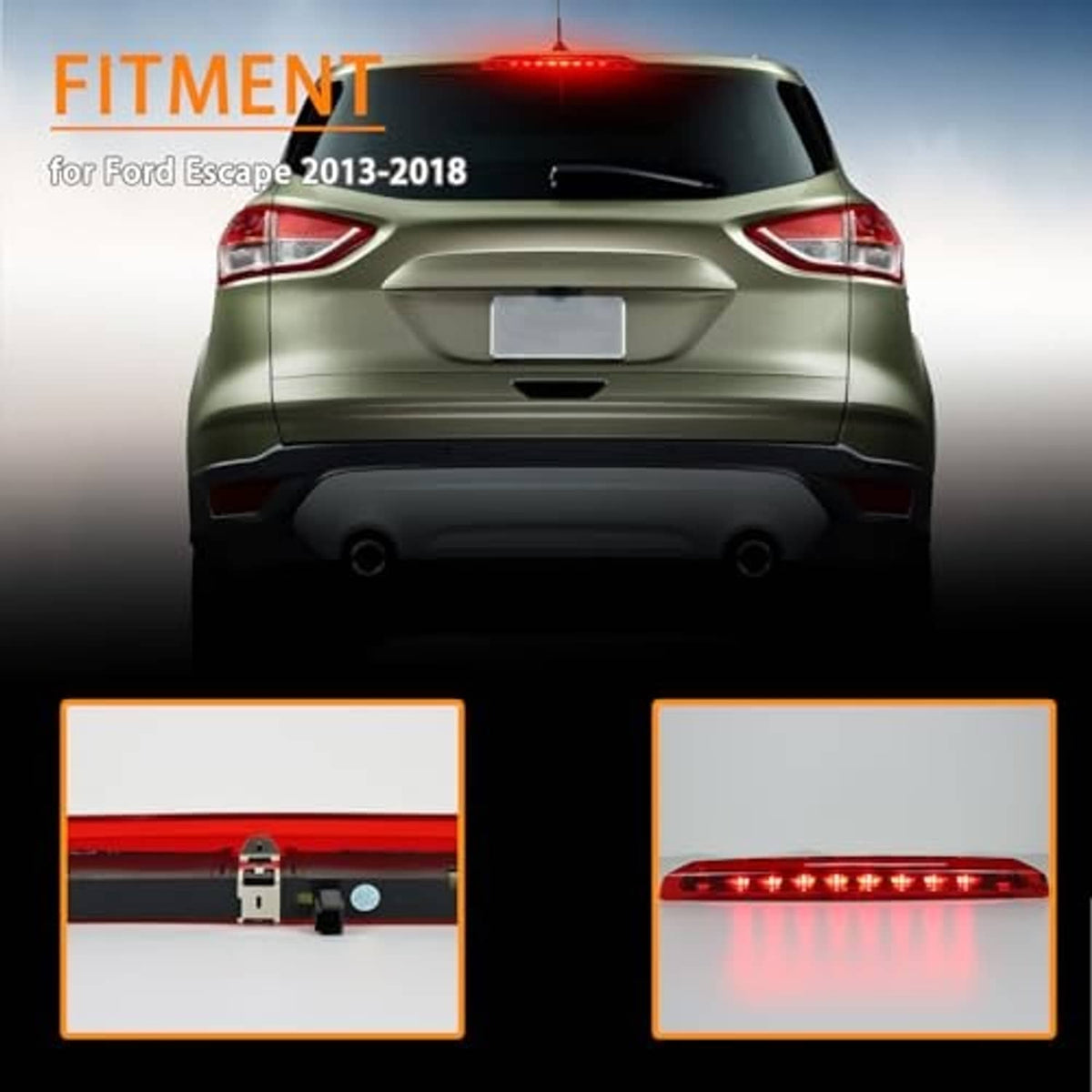 Vehicle rear roof third brake light with red LED glow, fitment view