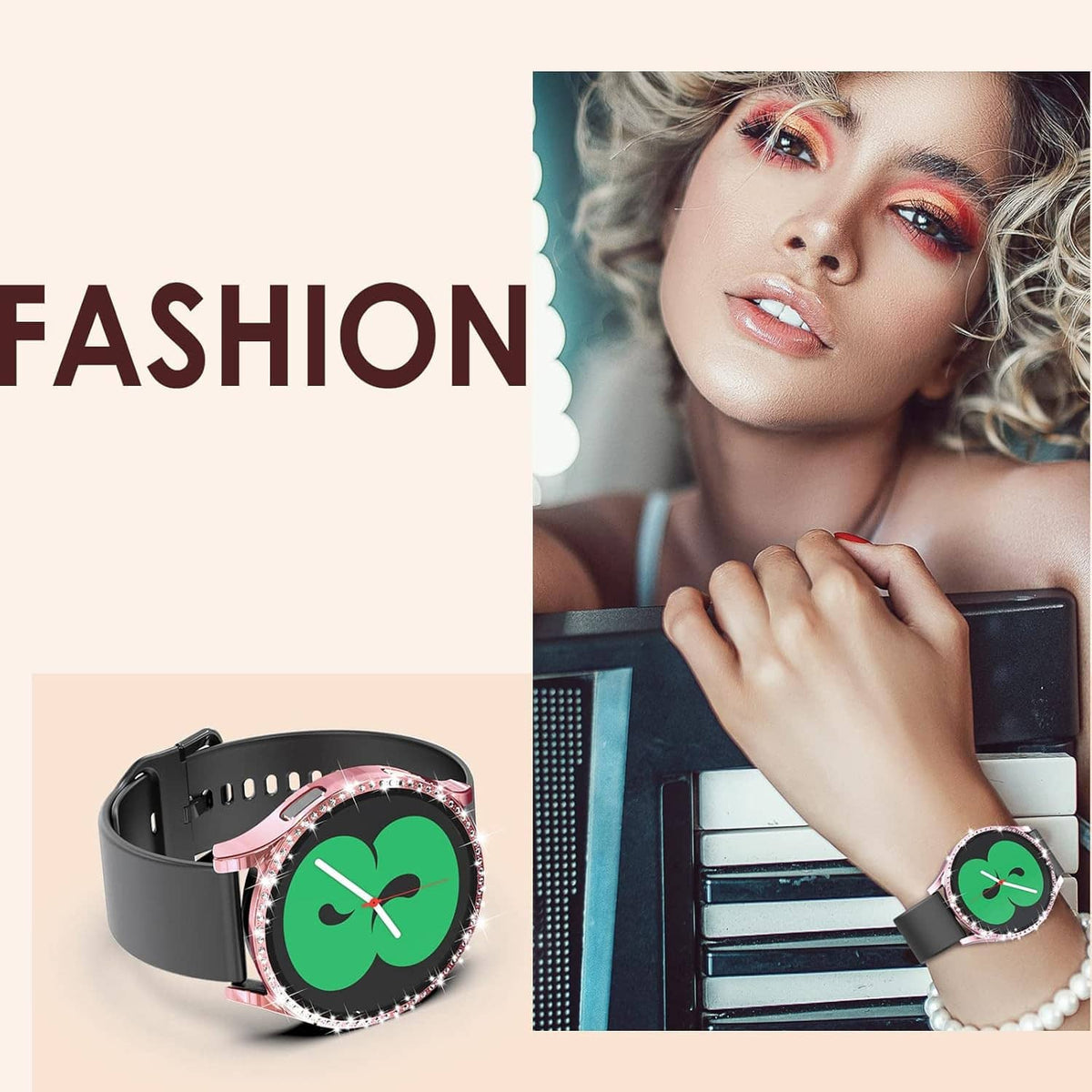 Rhinestone smartwatch screen protector case with hard PC frame, shown on black band watch