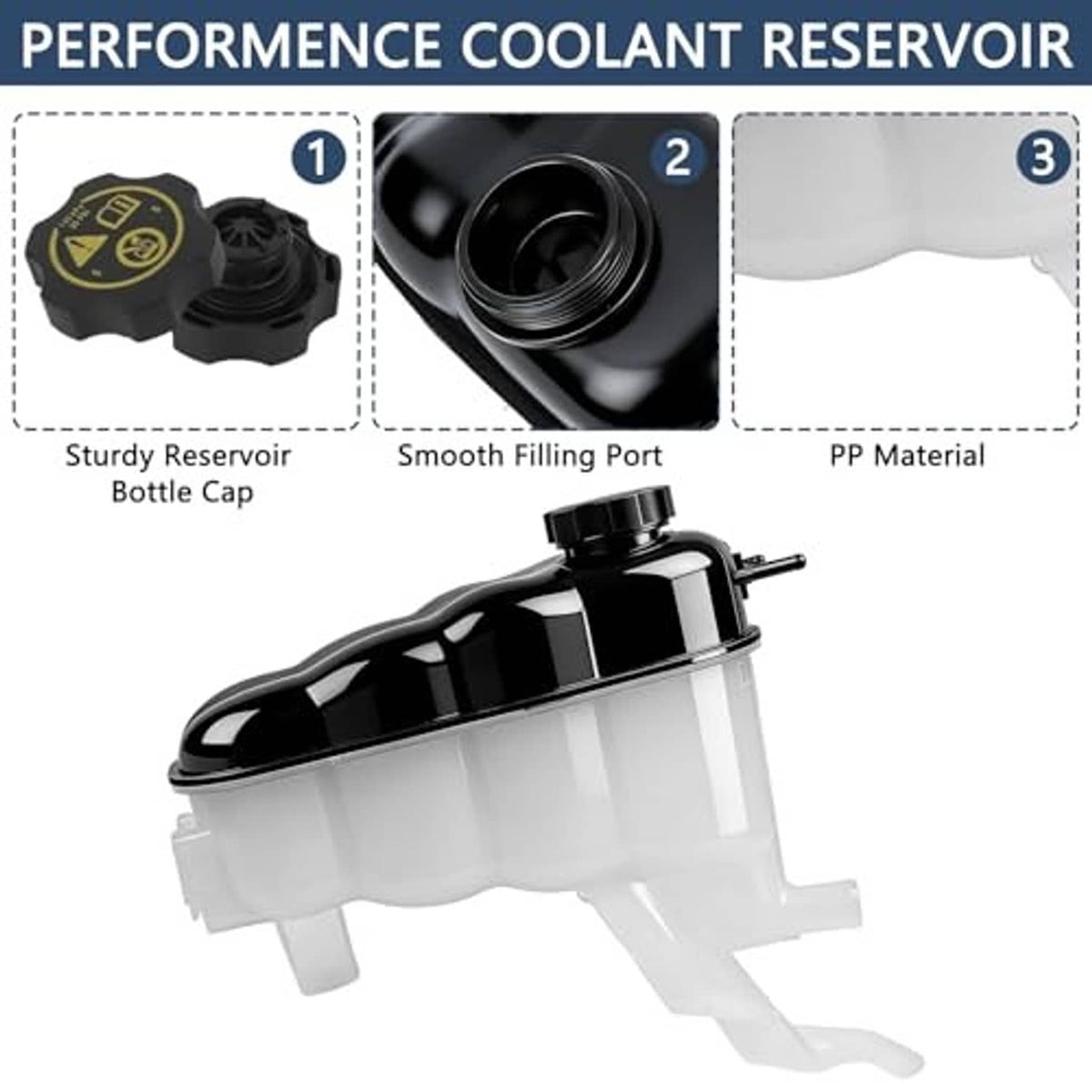 Coolant reservoir tank with black cap and translucent body, filling port detail