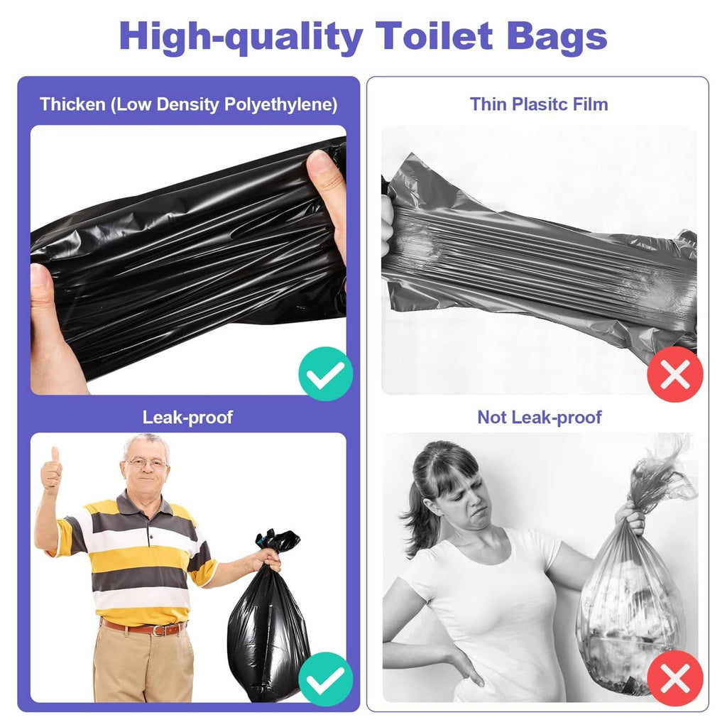 Leak-proof black toilet bag with thick liner design compared to thin plastic