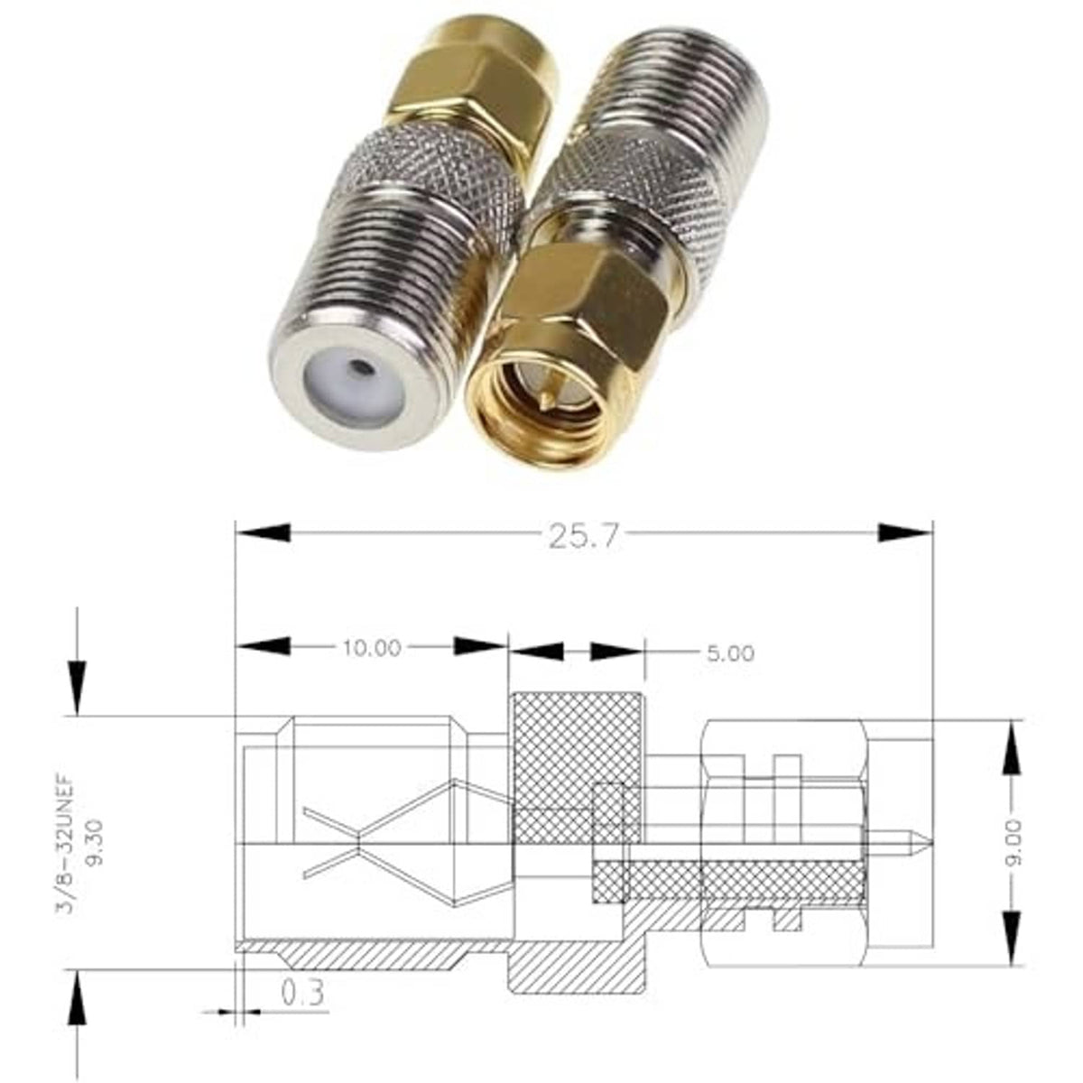 Coaxial adapter cross-section size drawing with threaded metal interface