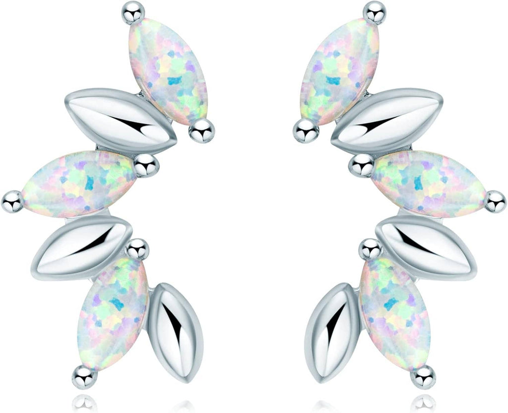 Sterling silver opal stud earrings, marquise stones with leaf-shaped opal pieces