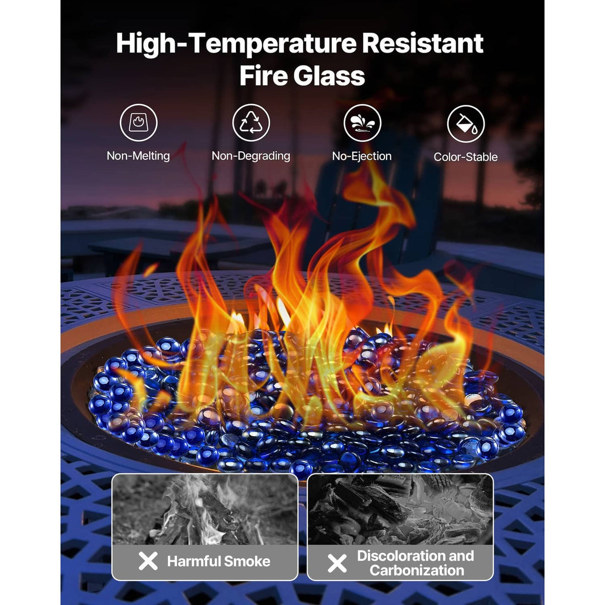 Cobalt blue fire glass beads with tall flames in a fire pit setting