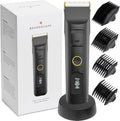 Men’s beard trimmer with black ceramic blade, charging dock, and multiple guard combs