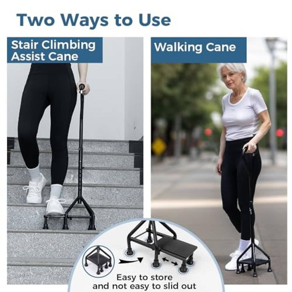 Stair-climbing assist cane shown in two modes: stair base and walking cane handle