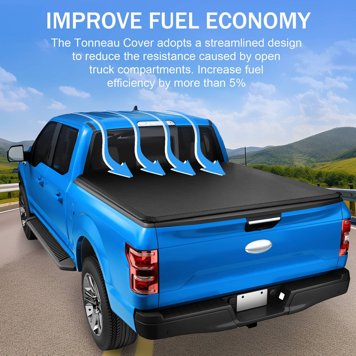 Black soft roll-up vinyl tonneau cover on pickup truck bed, side view
