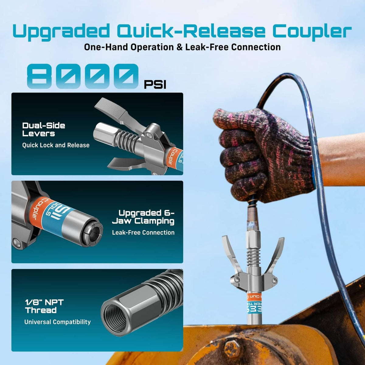 Upgraded quick-release grease gun coupler with 6-jaw clamp and needle end