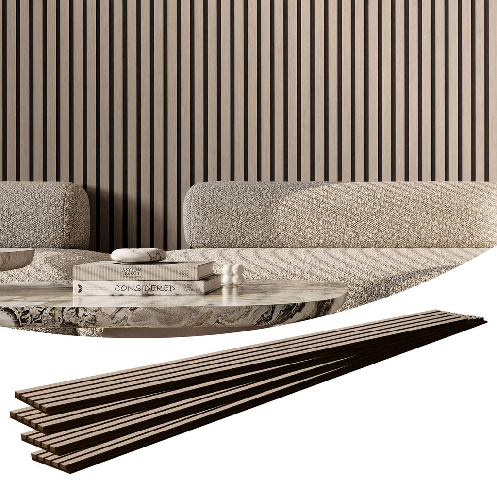 Wood slat acoustic panel, vertical dark and silver stripes, 4-pack style