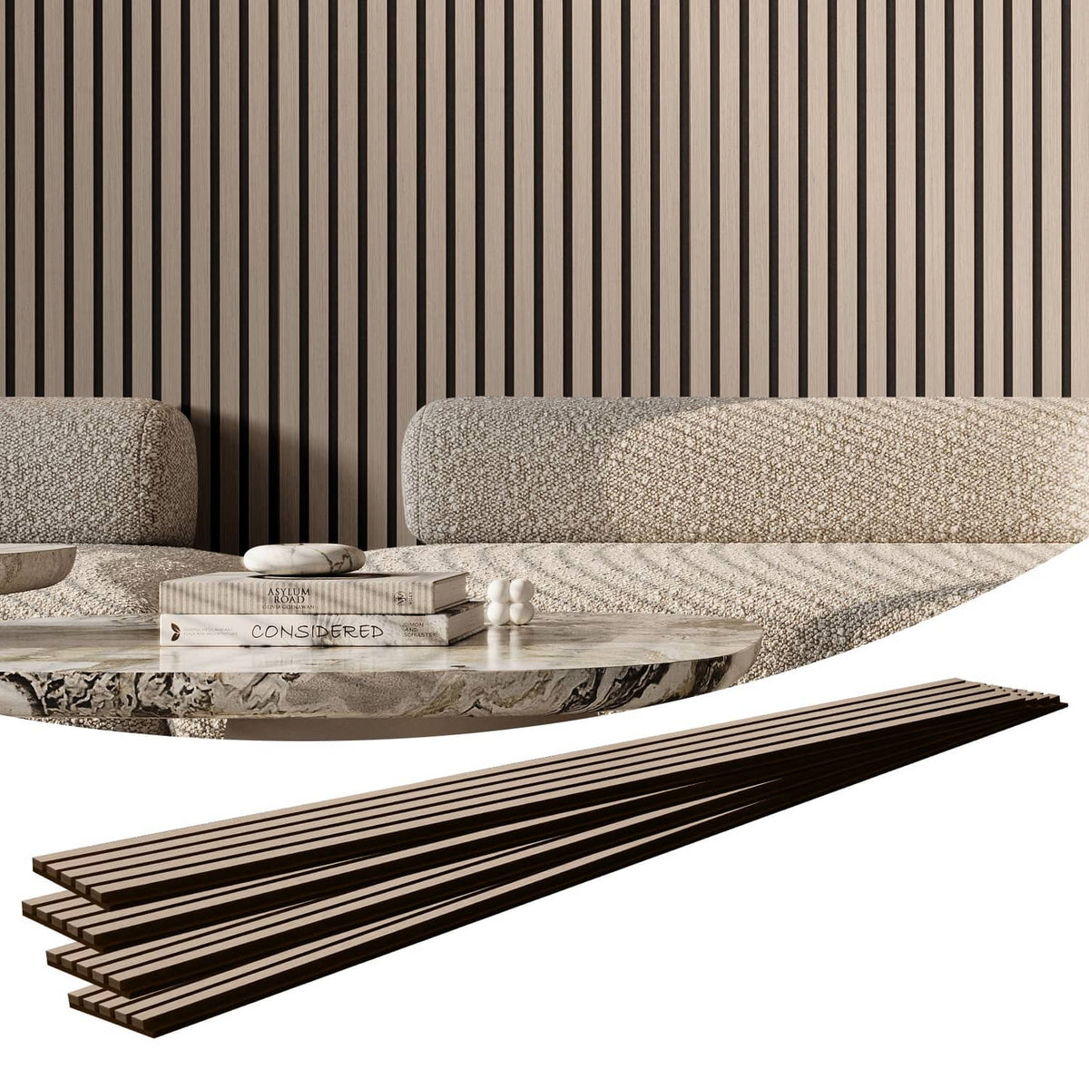 Wood slat acoustic panel, vertical dark and silver stripes, 4-pack style