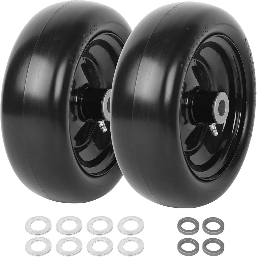 2-pack black flat-free lawnmower tire and wheel assemblies, two tires side by side