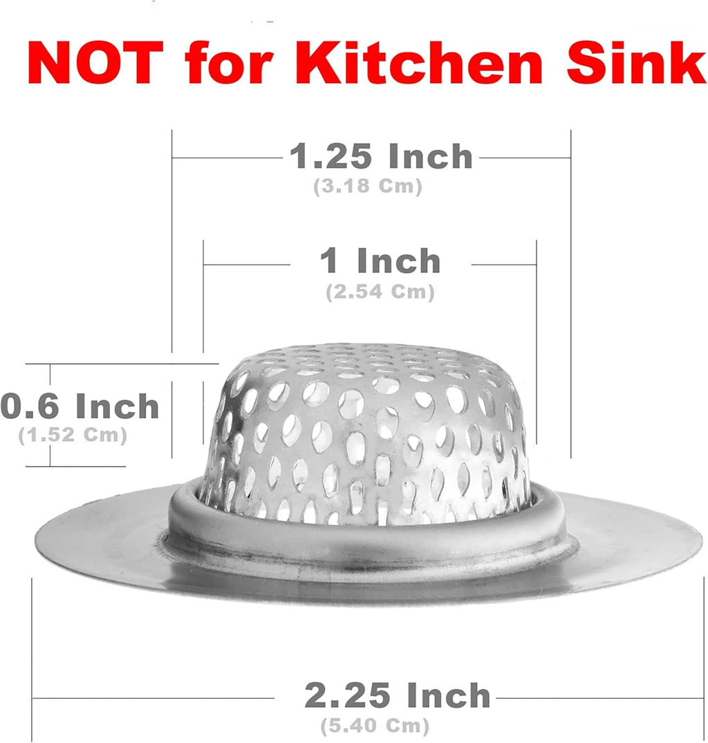 Round stainless steel sink strainer with perforated basket screen, size indicated