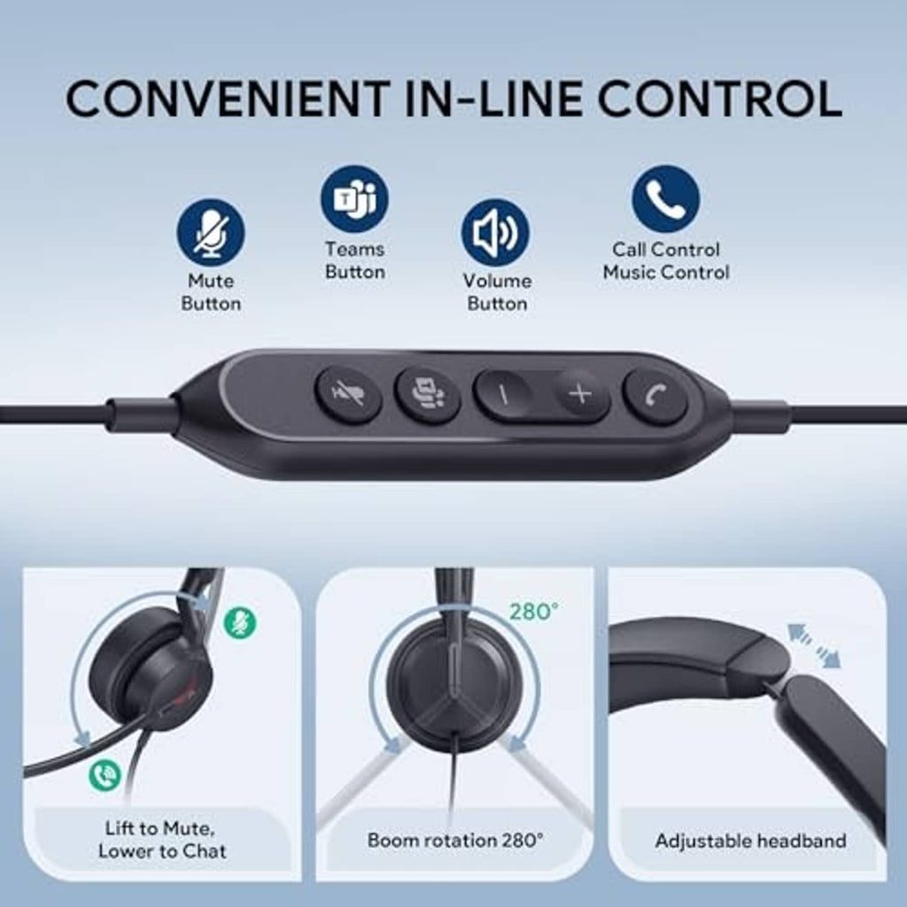 Black wired headset inline control with multi-button panel and mic boom