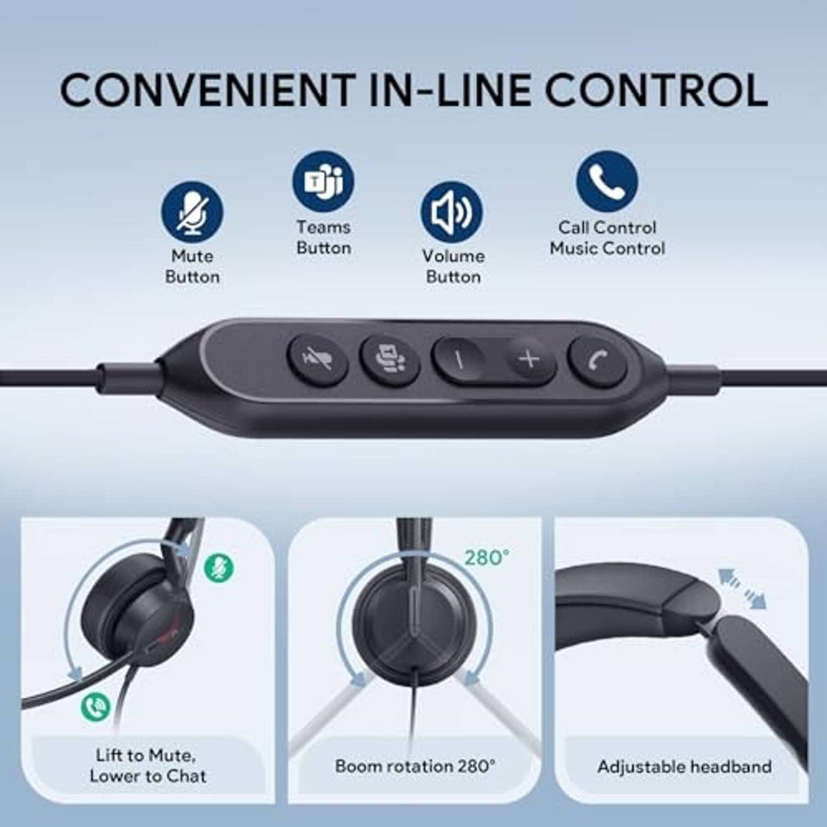 Black wired headset inline control with multi-button panel and mic boom