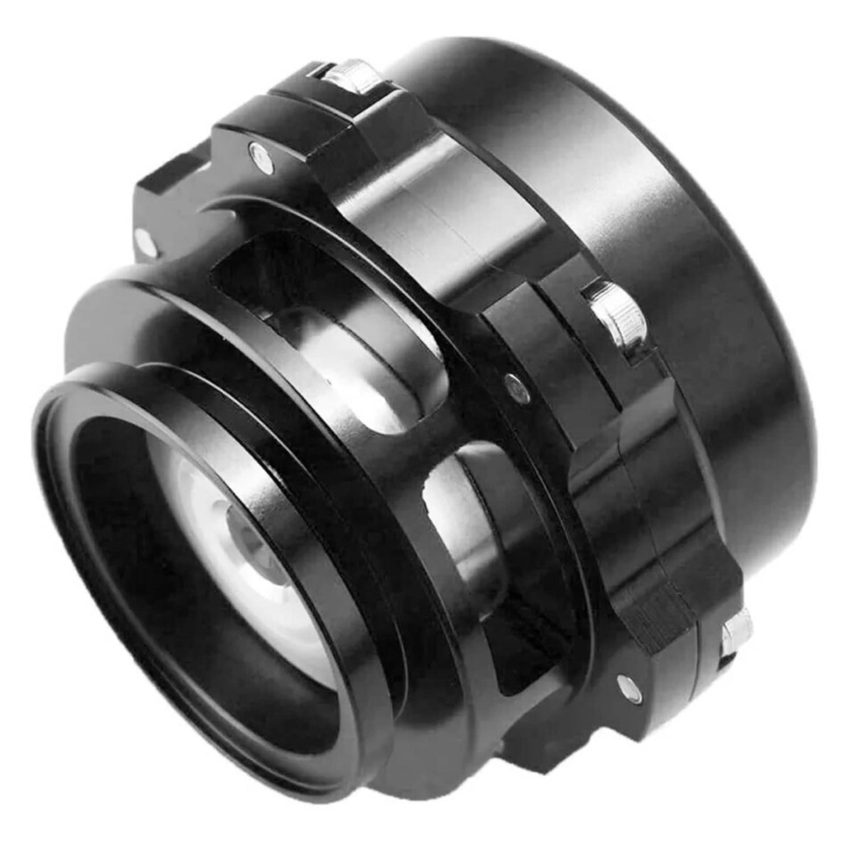 Black turbo intake housing with dual metal rings and flange mounting