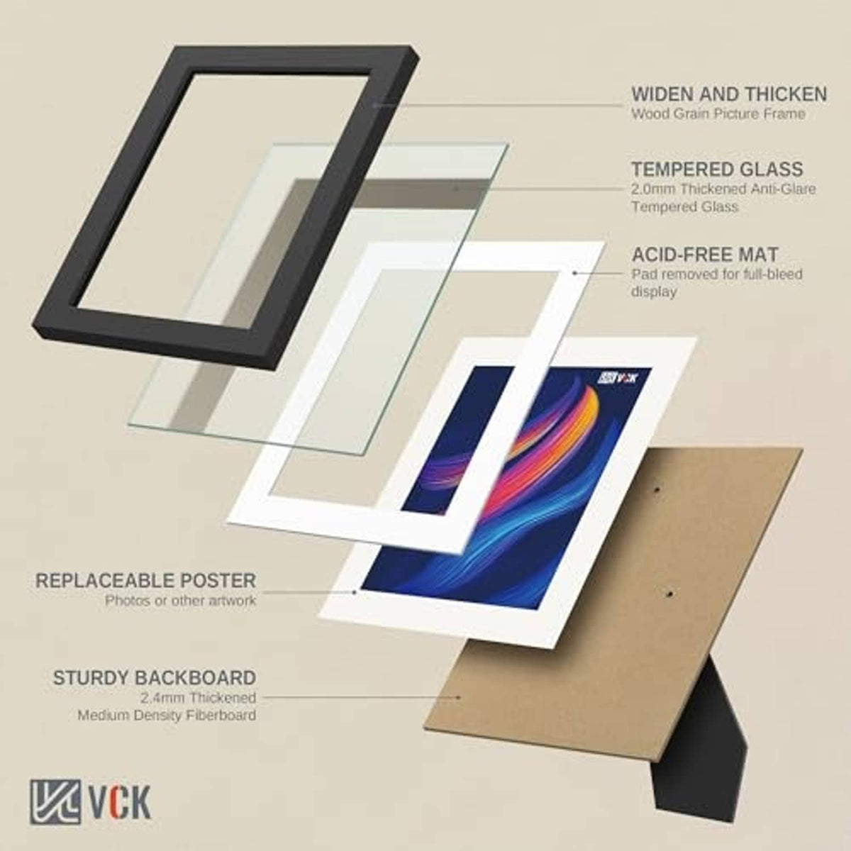 Black wood photo frame with tempered glass, removable mat, and backing