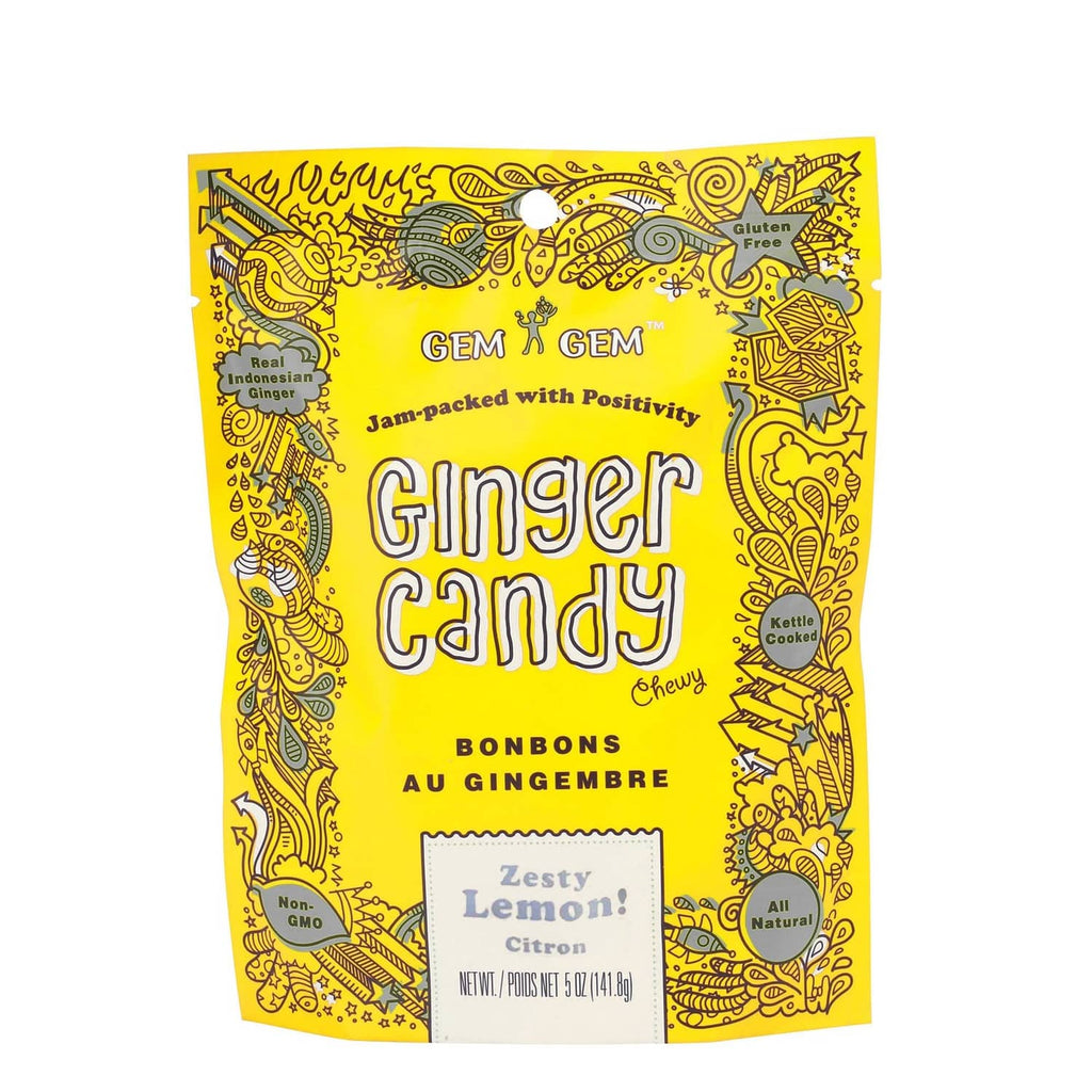 Chewy lemon ginger candy pouch, yellow bag with Gem Gem Ginger Candy branding