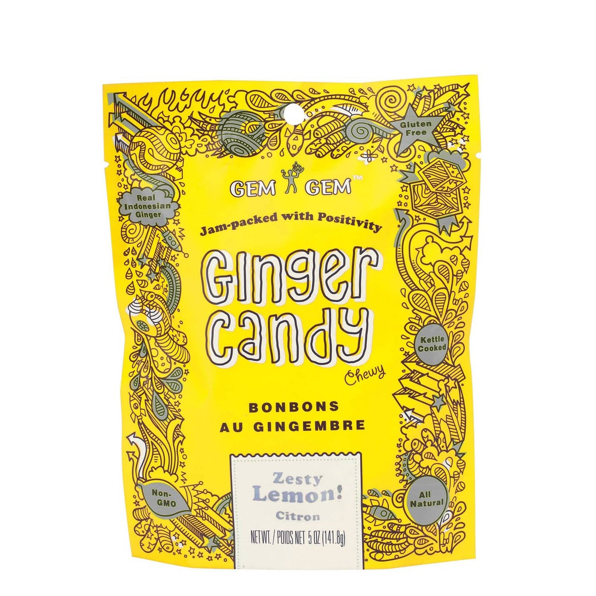 Chewy lemon ginger candy pouch, yellow bag with Gem Gem Ginger Candy branding