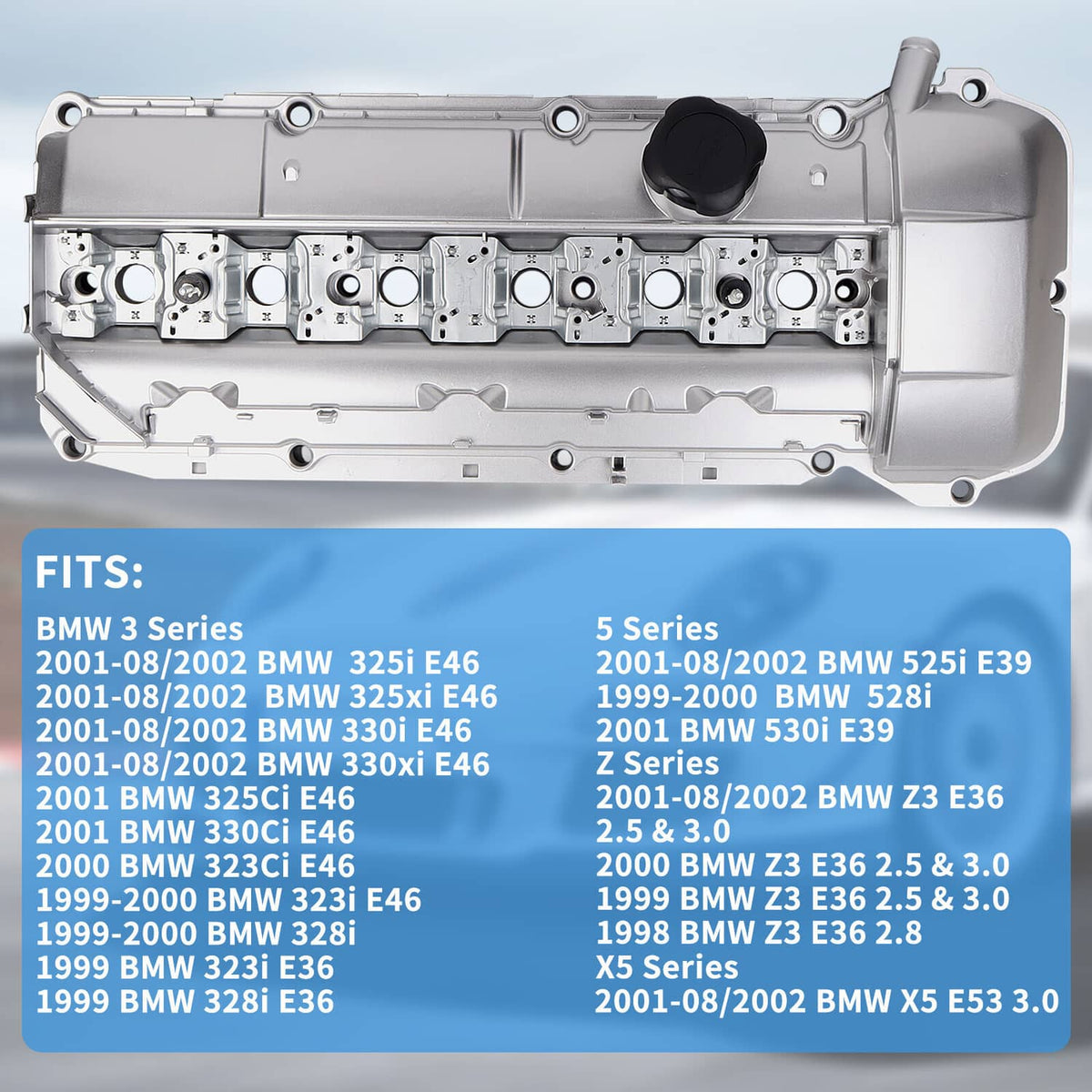 Silver-gray aluminum valve cover with oil cap, full top view